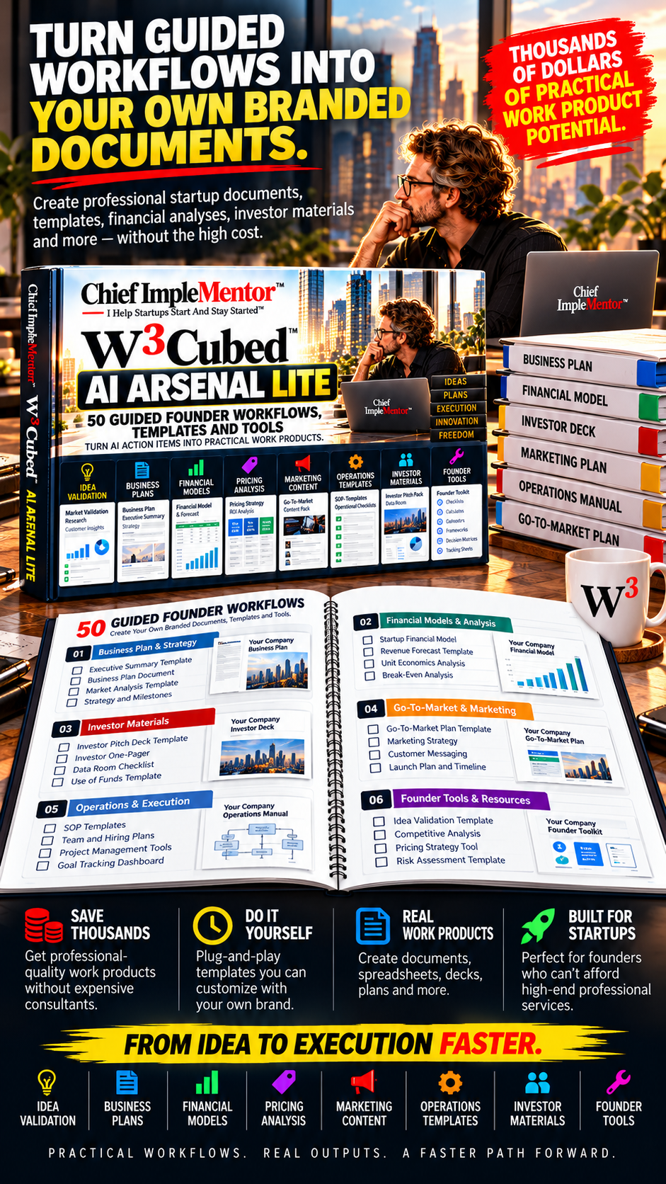 W³ Cubed™ AI Arsenal™ Lite book mockup with branded startup deliverable examples